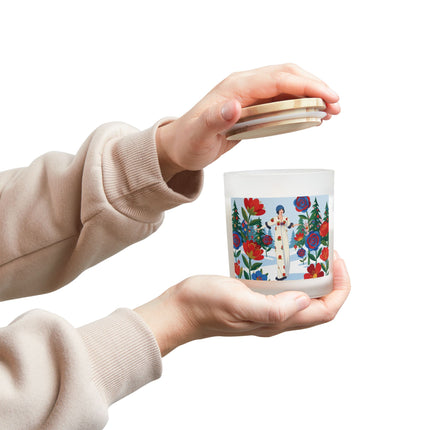 🌹🕯️ The Lady Of The Holiday Roses Frosted Glass Candle – Art Deco Christmas Elegance