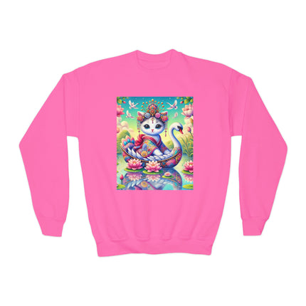 Geisha Kitten’s River Voyage Youth Crewneck Sweatshirt – Grace, Adventure & Storybook Charm