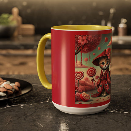 Whimsical Geisha Kitten in a Valentine Garden Colorful Mugs (11oz, 15oz)