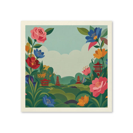 🌸🏯 The Enchanted Pagoda Flower Garden Napkins – Whimsical Oriental Botanical Art