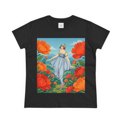 🌺🩵 The Poppy Hill Promenade Cotton Tee – Art Deco Fashion Whimsy