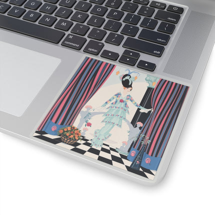 🌹🎭 The Lady Between The Curtains Kiss-Cut Stickers – Art Deco Floral Theatre