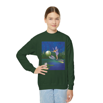 Fairy on a Dragonfly Youth Crewneck Sweatshirt – Enchanting Moonlit Fantasy