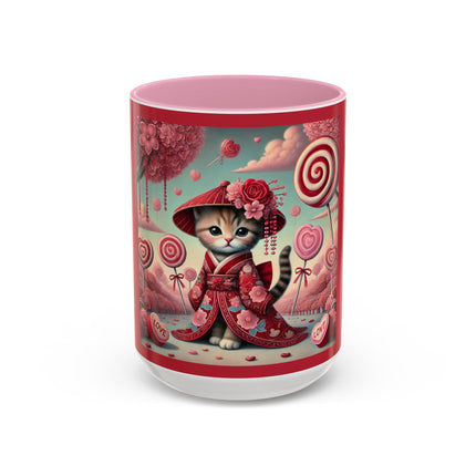 Whimsical Geisha Kitten in a Valentine Garden Colorful Mugs (11oz, 15oz)