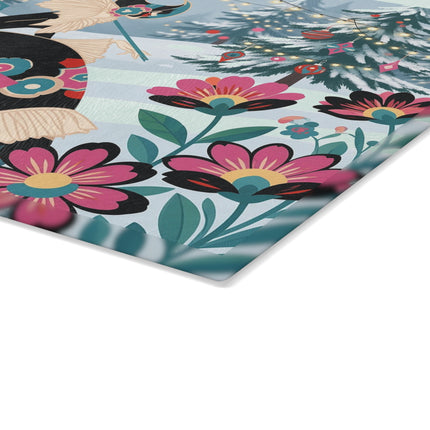 🌸❄️ The Lady Of The Winter Blossom Glass Cutting Board – Art Deco Holiday Fantasy