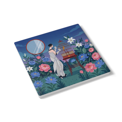 🌸🐦 The Lady Of The Garden Birdcage Ceramic Coaster – Art Deco Floral Elegance