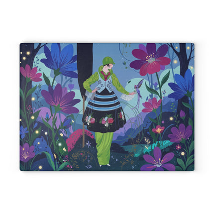 🌙🌸 The Lady Of The Firefly Garden Glass Cutting Board – Art Deco Midnight Floral Fantasy