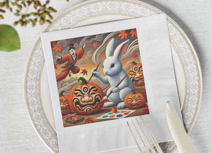 Halloween Rabbit’s Kabuki Jack-o’-Lanterns White Coined Napkins