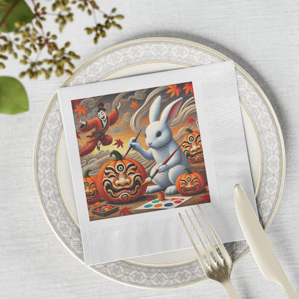 Halloween Rabbit’s Kabuki Jack-o’-Lanterns White Coined Napkins