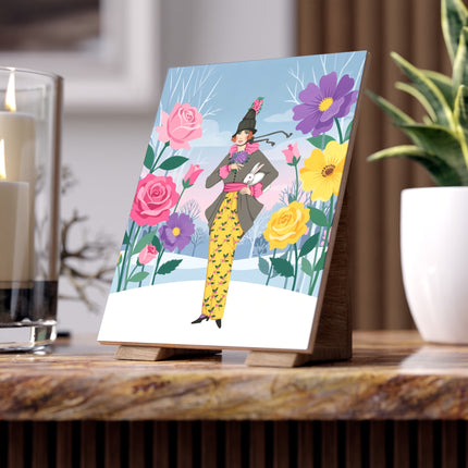 🐇🌹 The Lady With The White Rabbit Ceramic Tile – Art Deco Winter Garden