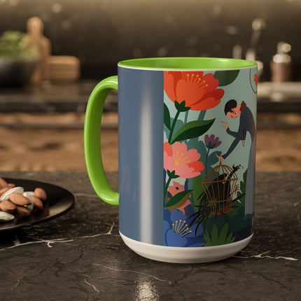 The Lady And The Mysterious Bird Colorful Mugs – Art Deco Botanical Mystery