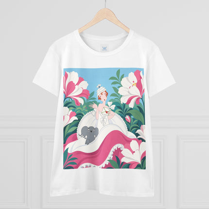 🌸🐘 The Pink Blossom Companion Cotton Tee – Art Deco Floral Whimsy