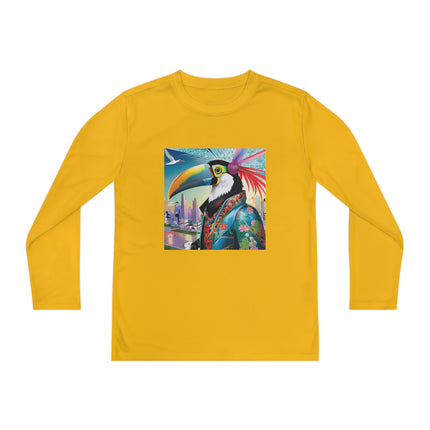 Cyber Toucan Chic Youth Long Sleeve Competitor Tee – Neon Feathers & Futuristic Style
