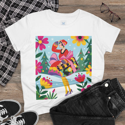 🎄🌺 Christmas In The Winter Garden Cotton Tee – Art Deco Holiday Whimsy