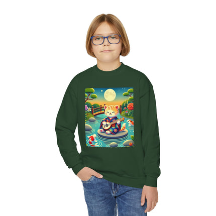 Melodic Kitten by the Koi Pond Youth Crewneck Sweatshirt – Harmony, Joy & Whimsical Charm
