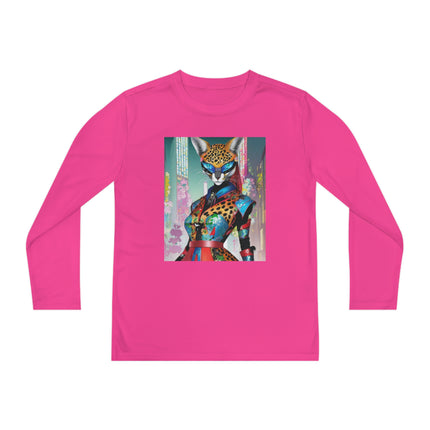 Cyber Cat Glamour Youth Long Sleeve Competitor Tee – Neon Elegance & Futuristic Style