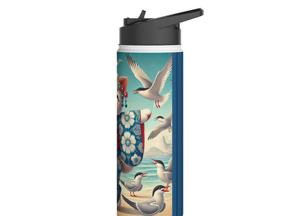 Geisha Kitten by the Seaside Stainless Steel Water Bottle, Standard Lid