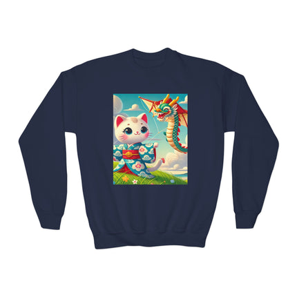 Geisha Kitten and the Dragon Kite Youth Crewneck Sweatshirt – Freedom, Motion & Playful Spirit