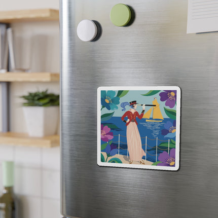 🌊🔭 The Lady Of The Seaside Lookout Die-Cut Magnets – Art Deco Nautical Adventure