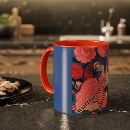 The Lady And The Scarlet Macaw Colorful Mugs – Art Deco Floral Elegance