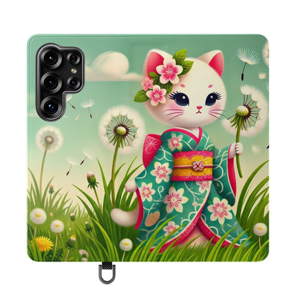 🌾🌼 Geisha Kitten and the Dandelion Wish Flip Case – Gentle Wishes & Quiet Wonder