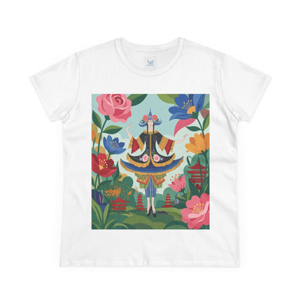 🌸🏯 The Pagoda Garden Enchantress Cotton Tee – Colorful Art Deco Fashion Fantasy