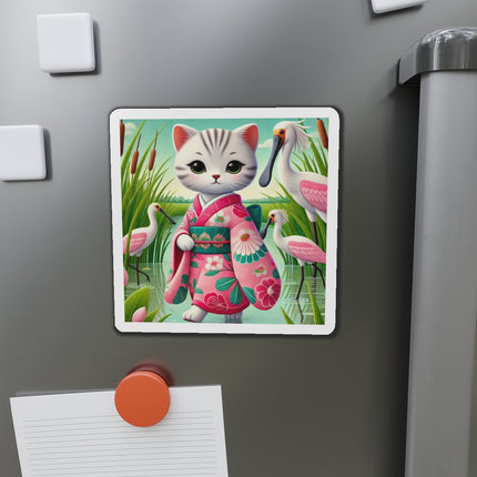 Geisha Kitten Strolls Among the Spoonbills Die-Cut Magnets (5 Sizes)