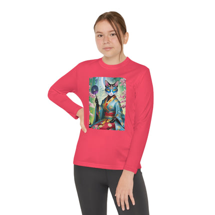 Cyberpunk Geisha Youth Long Sleeve Competitor Tee – Neon Elegance & Futuristic Fantasy