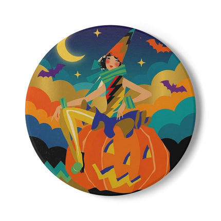 🌙🎃 The Witch Of Crescent Moon Pumpkin Ceramic Coaster – Colorful Halloween Charm