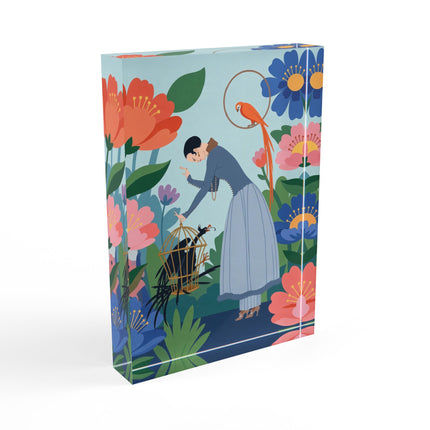 🦜🌺 The Garden Of Curious Birds Acrylic Art Block – Art Deco Botanical Whimsy