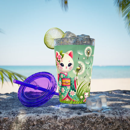 Geisha Kitten and the Dandelion Wish Sunsplash Tumbler with Straw, 16oz