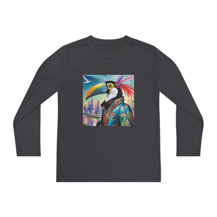 Cyber Toucan Chic Youth Long Sleeve Competitor Tee – Neon Feathers & Futuristic Style
