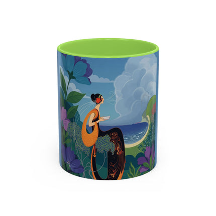 The Lady And The Sea Breeze Colorful Mugs – Art Deco Coastal Serenity