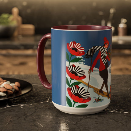 🎿🎄 The Christmas Holly Skier Colorful Mug – Whimsical Holiday Fantasy