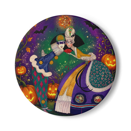 🎭🎃 The Masquerade Beneath The Pumpkin Lantern Ceramic Coaster – Theatrical Halloween Charm