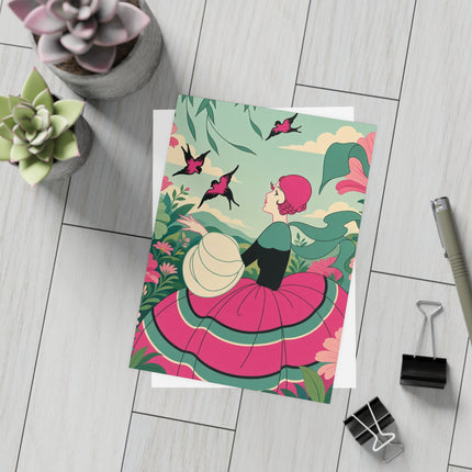🐦🌺 The Garden Of Flying Birds Postcards With Envelopes – Art Deco Floral Whimsy