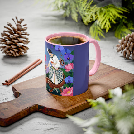 The Lady And The Garden Dragon Colorful Mugs – Art Deco Mythical Botanical Elegance