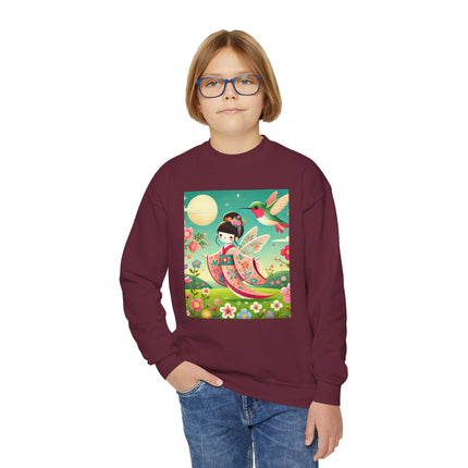 Geisha Fairy and the Hummingbird Blossom Youth Crewneck Sweatshirt – Magic, Grace & Dreamlike Beauty