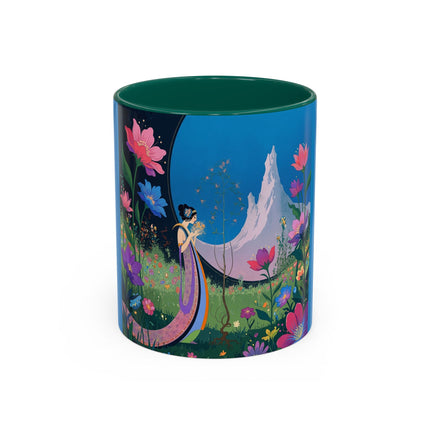 The Lady And The Moonlit Peak Colorful Mugs – Art Deco Alpine Garden Elegance