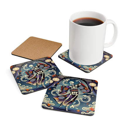 Skeleton Kabuki Performer Corkwood Coaster Set