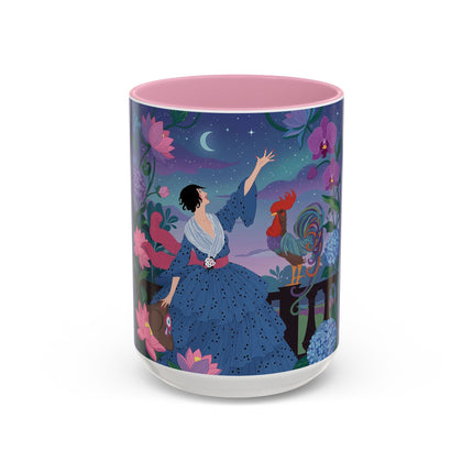 The Lady And The Morning Song Colorful Mugs – Art Deco Botanical Elegance