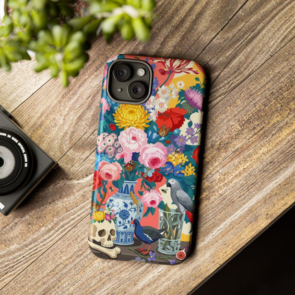 Floral Vanitas Phone Case – Parrot & Porcelain Splendor