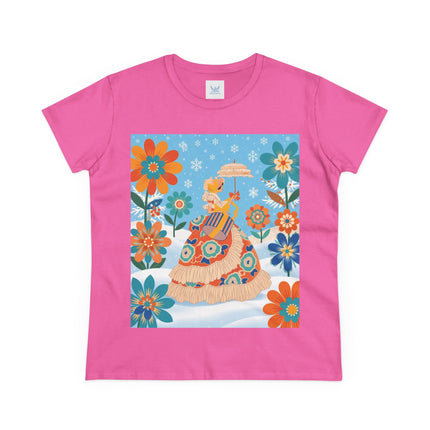 🌼❄️ The Winter Parasol Lady Cotton Tee – Art Deco Floral Fantasy