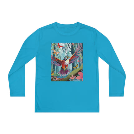 A Colorful Raptor Youth Long Sleeve Competitor Tee – Dino Adventure & Forest Wonder