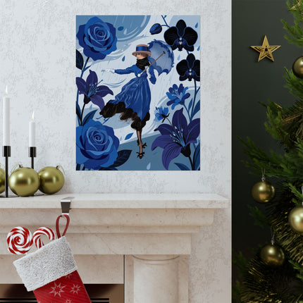 ☔💙 The Lady Of The Blue Rain Matte Vertical Poster – Art Deco Floral Whimsy