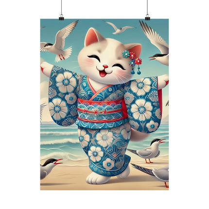 🌊🐱 Geisha Kitten by the Seaside Matte Vertical Poster – Coastal Charm & Ocean Breeze