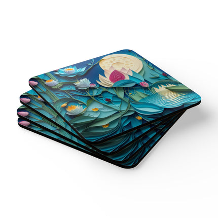 Ethereal Moonlit Lake Corkwood Coaster Set