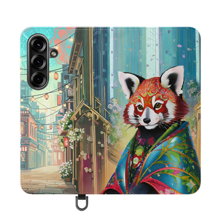 🦝✨ Cybernetic Red Panda Flip Case – Neon Charm & Futuristic Wonder