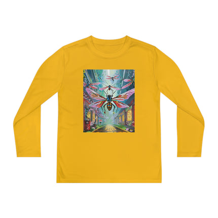 Neon Swarm Youth Long Sleeve Competitor Tee – Cyberpunk Flight & Futuristic Energy