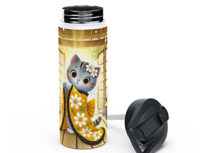Playful Kitten in the Tea Room Stainless Steel Water Bottle, Standard Lid